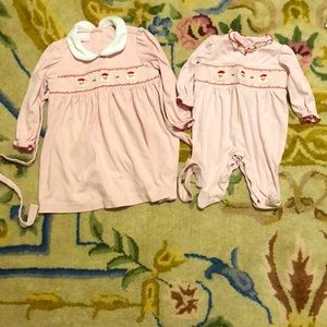 Petit Bebe Pima cotton sister set Santa outfits 3T and 3m